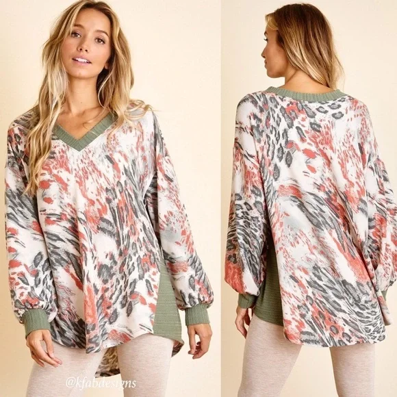 RESTOCK! CES FEMME V Neck Contrast Detail Olive/Rust  Printed Soft Knit Top! - Picture 3 of 7